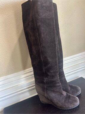 Prada Dark Brown Suede Knee-High Wedge Boots